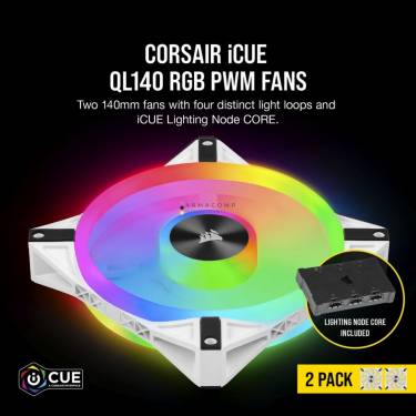 Corsair iCUE QL140 RGB PWM White Dual Fan Kit with Lighting Node CORE