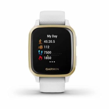 Garmin Venu Sq Light Gold Aluminum Bezel with White Case and Silicone Band